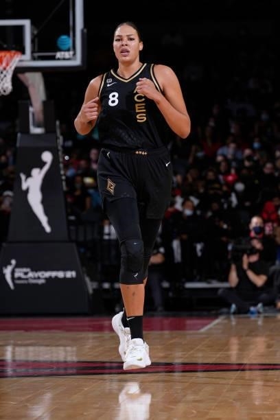 Liz Cambage of the Las Vegas Aces runs down the court during the game against the Phoenix Mercury during Game Two of the 2021 WNBA Semifinals on...