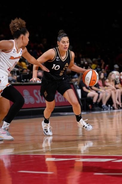Kelsey Plum of the Las Vegas Aces handles the ball during the game against the Phoenix Mercury during Game Two of the 2021 WNBA Semifinals on...
