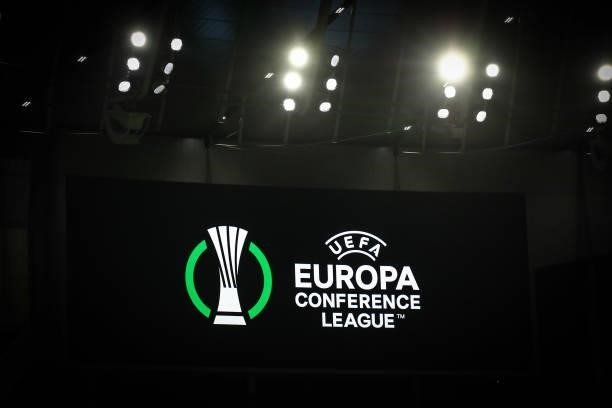 General view of the LED screen displaying UEFA Europa Conference League branding prior to the UEFA Europa Conference League group G match between...