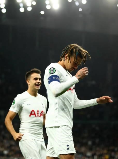 Dele Alli of Tottenham Hotspur celebrates scoring his goal with Sergio Reguilon during the UEFA Europa Conference League group G match between...