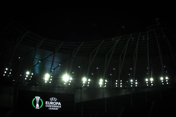 General view of the LED screen displaying UEFA Europa Conference League branding prior to the UEFA Europa Conference League group G match between...