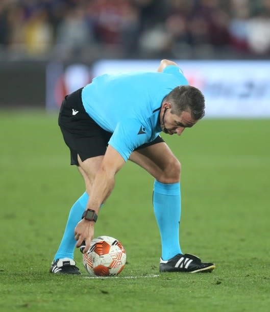 Referee Tobias Stieler during the UEFA Europa League group H match between West Ham United and Rapid Wien at Olympic Stadium on September 30, 2021 in...