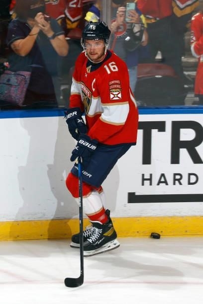 Aleksander Barkov of the Florida Panthers skates prior to the game against the Dallas Stars during a preseason game at the FLA Live Arena on October...