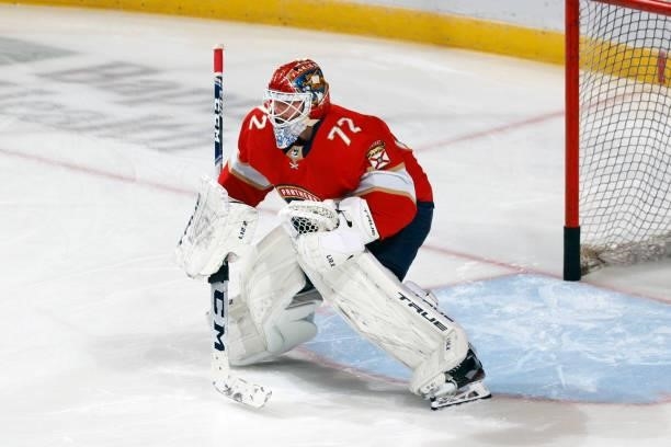 Goaltender Sergei Bobrovsky of the Florida Panthers warms up prior to the game against the Dallas Stars during a preseason game at the FLA Live Arena...