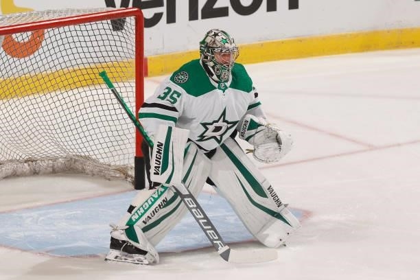 Goaltender Anton Khudobin of the Dallas Stars warms up prior to the game against the Florida Panthers during a preseason game at the FLA Live Arena...