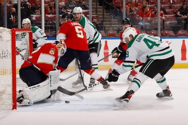 Goaltender Sergei Bobrovsky of the Florida Panthers stops a shot by Rhett Gardner of the Dallas Stars during a preseason game at the FLA Live Arena...