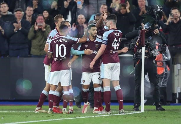 West Ham United's Said Benrahma celebrates scoring his side's second goal during the UEFA Europa League group H match between West Ham United and...