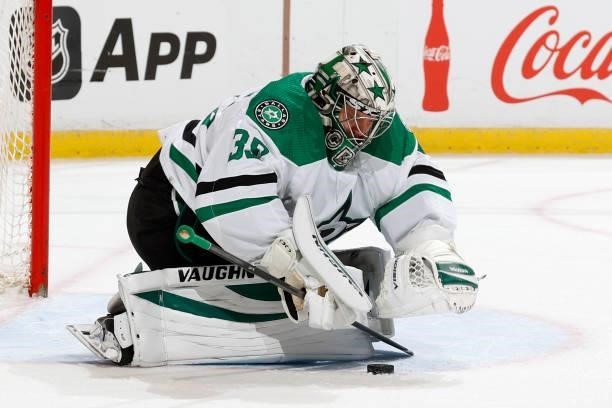 Goaltender Anton Khudobin of the Dallas Stars stops a shot by the Florida Panthers during a preseason game at the FLA Live Arena on October 1, 2021...