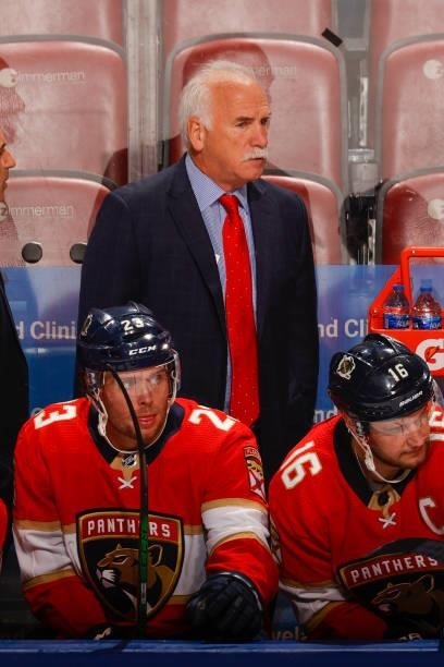 Florida Panthers Head coach Joel Quenneville of the Florida Panthers looks on during third period action against the Dallas Stars during a preseason...