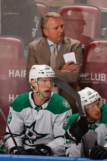 Head coach Rick Bowness of the Dallas Stars looks on during third period action against the Florida Panthers during a preseason game at the FLA Live...