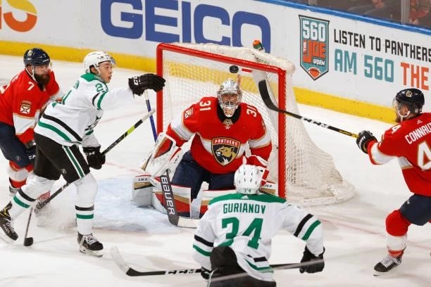 Goaltender Christopher Gibson of the Florida Panthers watches the puck after stopping a shot by the Dallas Stars during a preseason game at the FLA...