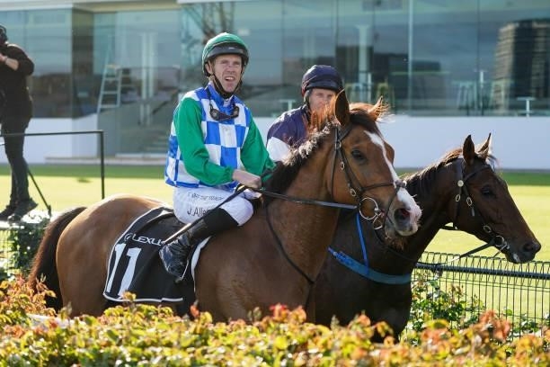 Grand Promenade ridden by John Allen returns to the mounting yard after winning the The Lexus Bart Cummings at Flemington Racecourse on October 02,...