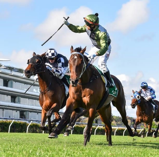Incentivise ridden by Brett Prebble wins the TAB Turnbull Stakes at Flemington Racecourse on October 02, 2021 in Flemington, Australia.