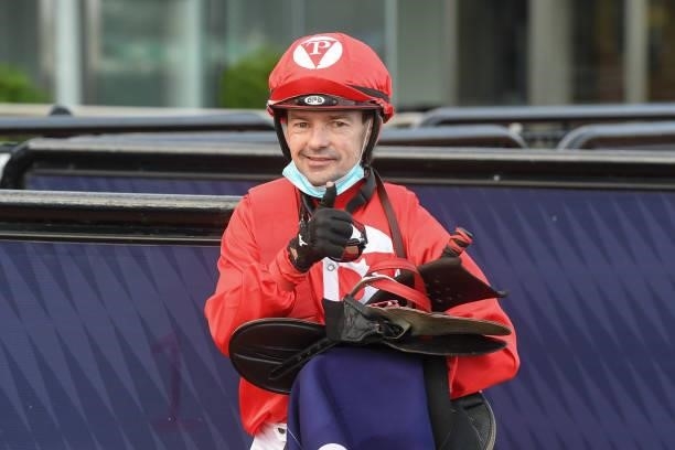 Dean Yendall after winning the McGregor Portables Paris Lane Stakes aboard Justacanta at Flemington Racecourse on October 02, 2021 in Flemington,...
