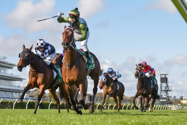 Incentivise ridden by Brett Prebble wins the TAB Turnbull Stakes at Flemington Racecourse on October 02, 2021 in Flemington, Australia.