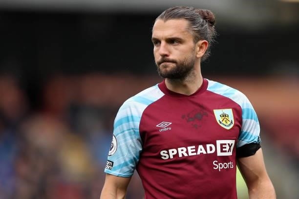 Jay Rodriguez of Burnley during the Premier League match between Burnley and Norwich City at Turf Moor on October 2, 2021 in Burnley, England.
