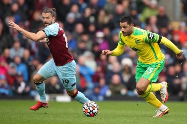Ozan Kabak of Norwich City during the Premier League match between Burnley and Norwich City at Turf Moor on October 2, 2021 in Burnley, England.