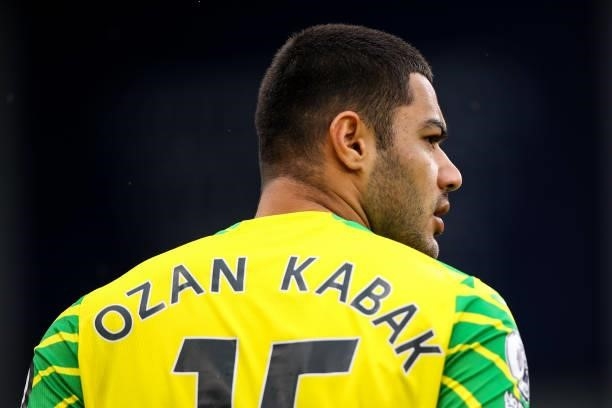 Ozan Kabak of Norwich City during the Premier League match between Burnley and Norwich City at Turf Moor on October 2, 2021 in Burnley, England.