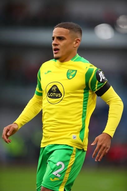 Max Aarons of Norwich City during the Premier League match between Burnley and Norwich City at Turf Moor on October 2, 2021 in Burnley, England.