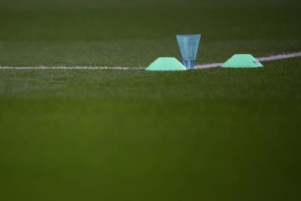 Water volume measuring device is seen in the pitch ahead of the Premier League match between Burnley and Norwich City at Turf Moor on October 2, 2021...