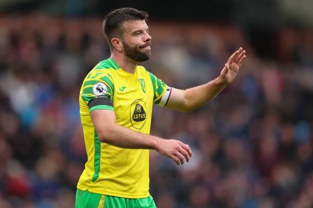 Grant Hanley of Norwich City during the Premier League match between Burnley and Norwich City at Turf Moor on October 2, 2021 in Burnley, England.