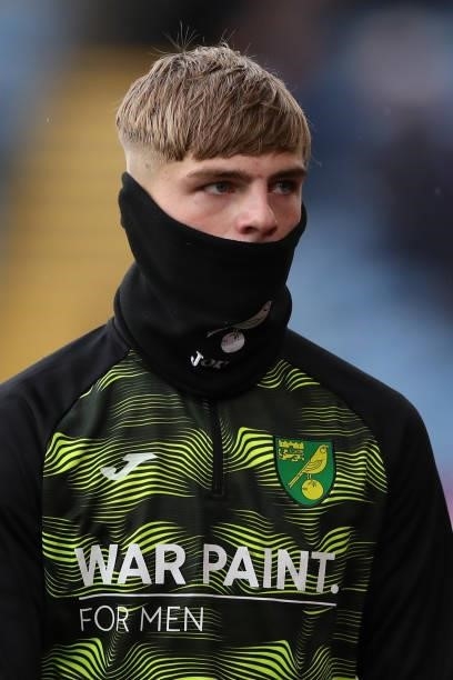 Brandon Williams of Norwich City wearing a snood during the Premier League match between Burnley and Norwich City at Turf Moor on October 2, 2021 in...