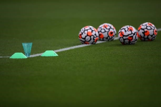 Water volume measuring device is seen in the pitch ahead of the Premier League match between Burnley and Norwich City at Turf Moor on October 2, 2021...