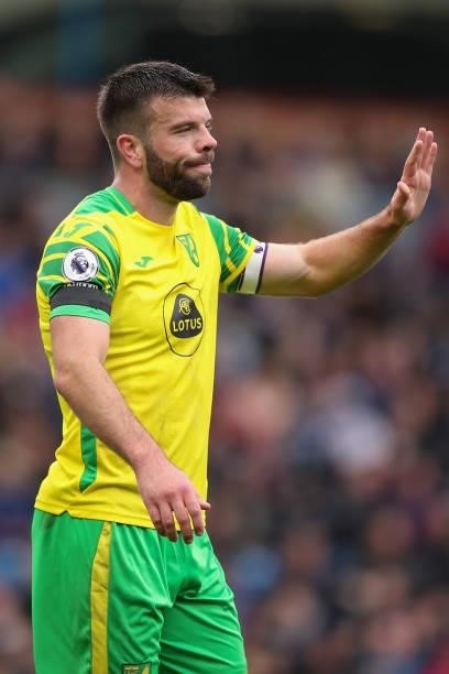 Grant Hanley of Norwich City during the Premier League match between Burnley and Norwich City at Turf Moor on October 2, 2021 in Burnley, England.