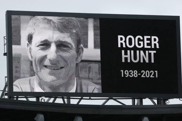 Giant LED board shows respects to the late Roger Hunt during the Premier League match between Burnley and Norwich City at Turf Moor on October 2,...