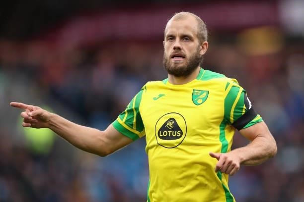Teemu Pukki of Norwich City during the Premier League match between Burnley and Norwich City at Turf Moor on October 2, 2021 in Burnley, England.