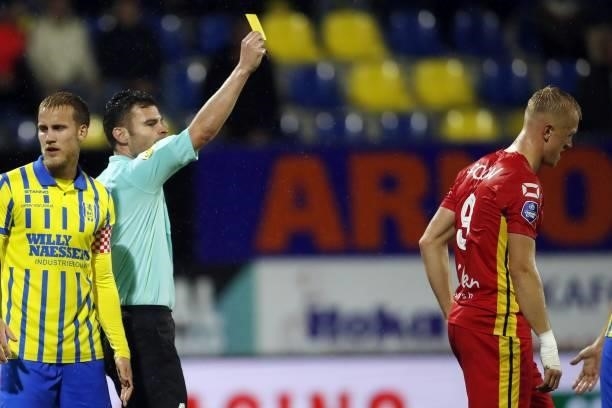 Referee Erwin Blank gives the yellow card to Isac Lidberg of Go Ahead Eagles during the Dutch Eredivisie match between RKC Waalwijk and Go Ahead...