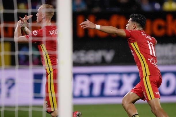 Isac Lidberg of Go Ahead Eagles, Ragnar Oratmangoen of Go Ahead Eagles, celebrate his goal 1-2, but cancelled due to foul on keeper during the Dutch...