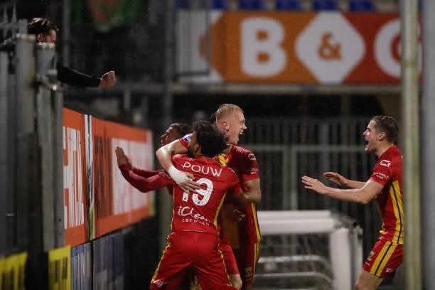 Isac Lidberg of Go Ahead Eagles, celebrate his goal 1-2, but cancelled due to foul on keeper, Ogechika Heil of Go Ahead Eagles, Philippe Rommens of...
