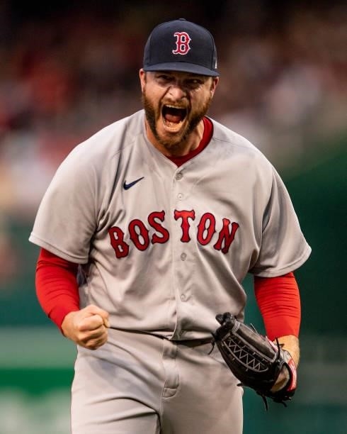 Ryan Brasier of the Boston Red Sox reacts during the seventh inning of a game against the Washington Nationals on October 2, 2021 at Nationals Park...
