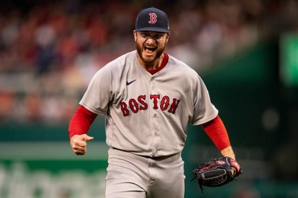 Ryan Brasier of the Boston Red Sox reacts during the seventh inning of a game against the Washington Nationals on October 2, 2021 at Nationals Park...