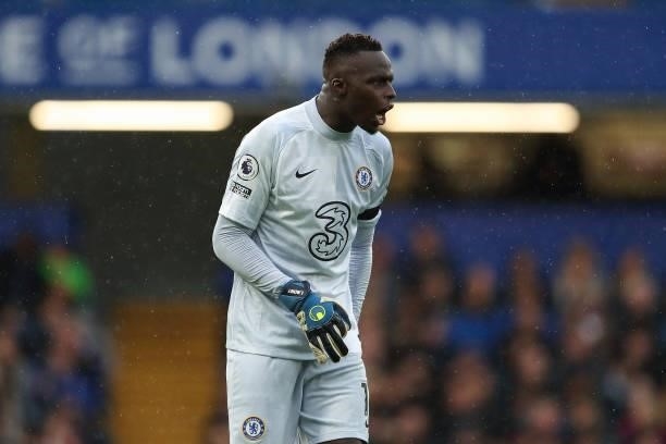 Edouard Mendy of Chelsea during the Premier League match between Chelsea and Southampton at Stamford Bridge on October 2, 2021 in London, England.