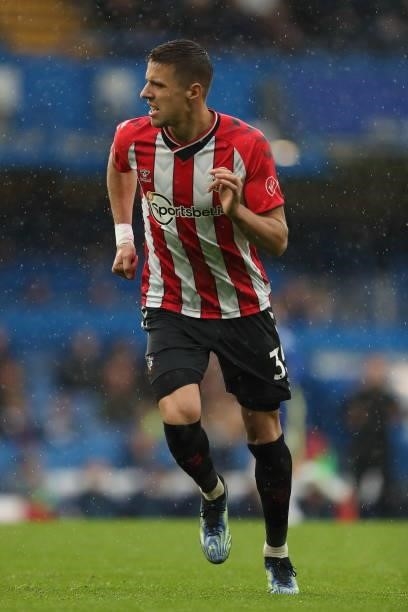 Jan Bednarek of Southampton during the Premier League match between Chelsea and Southampton at Stamford Bridge on October 2, 2021 in London, England.