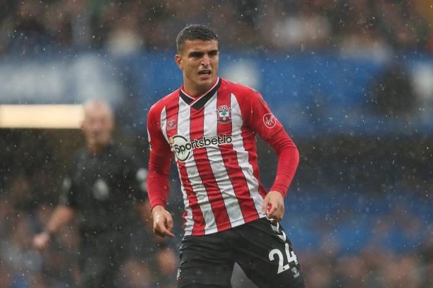 Mohamed Elyounoussi of Southampton during the Premier League match between Chelsea and Southampton at Stamford Bridge on October 2, 2021 in London,...