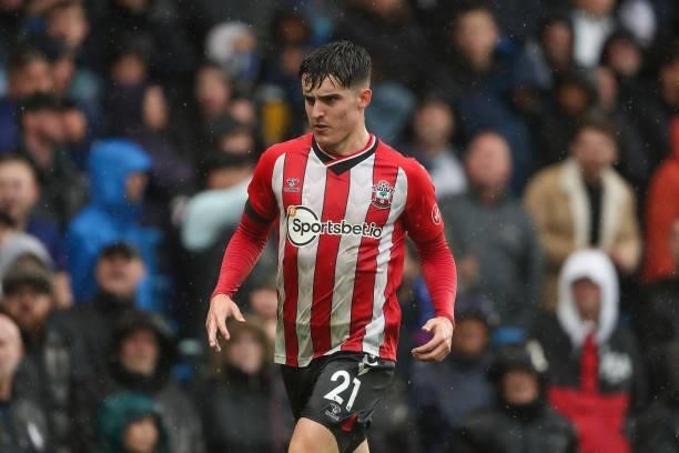 Tino Livramento of Southampton during the Premier League match between Chelsea and Southampton at Stamford Bridge on October 2, 2021 in London,...