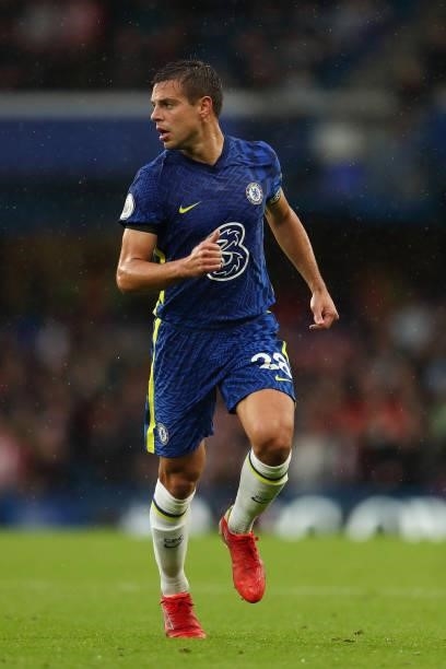 Cesar Azpilicueta of Chelsea during the Premier League match between Chelsea and Southampton at Stamford Bridge on October 2, 2021 in London, England.