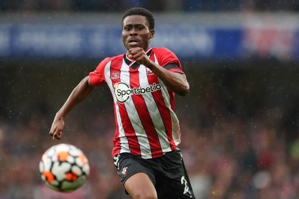 Nathan Tella of Southampton during the Premier League match between Chelsea and Southampton at Stamford Bridge on October 2, 2021 in London, England.