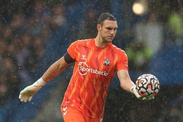 Alex McCarthy of Southampton during the Premier League match between Chelsea and Southampton at Stamford Bridge on October 2, 2021 in London, England.