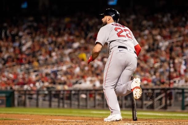 Travis Shaw of the Boston Red Sox hits an RBI single during the eighth inning of a game against the Washington Nationals on October 2, 2021 at...