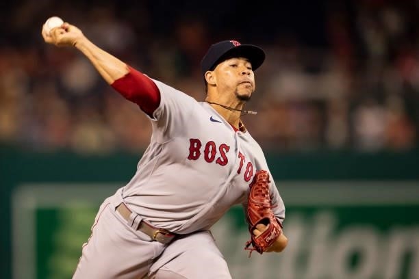 Hansel Robles of the Boston Red Sox delivers a pitch during the ninth inning of a game against the Washington Nationals on October 2, 2021 at...