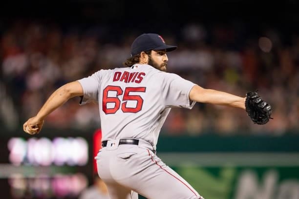 Austin Davis the Boston Red Sox delivers a pitch during the eighth inning of a game against the Washington Nationals on October 2, 2021 at Nationals...