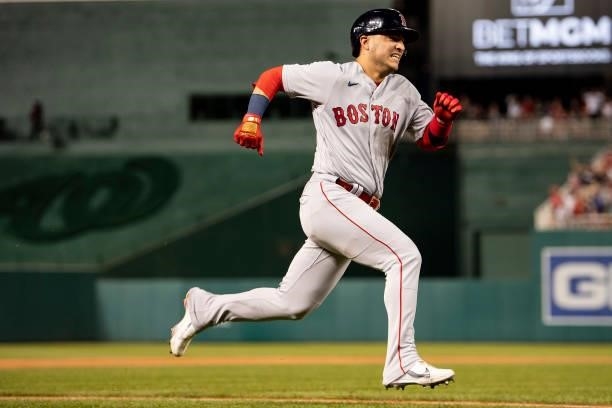 Jose Iglesias the Boston Red Sox runs as he scores the go ahead run during the ninth inning of a game against the Washington Nationals on October 2,...