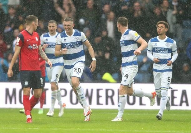 Queens Park Rangers' Jimmy Dunne celebrates scoring his side's second goal during the Sky Bet Championship match between Queens Park Rangers and...