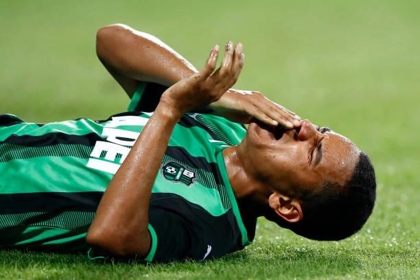 Rogerio of Sasssuolo lies on the ground during the Serie A match between US Sassuolo and FC Internazionale at Mapei Stadium - Citta' del Tricolore on...