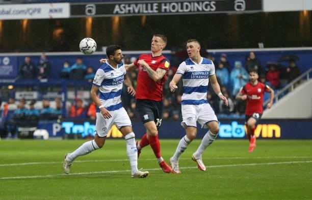 Preston North End's Emil Riis Jakobsen gets in between Queens Park Rangers' Yoann Barbet and Jimmy Dunne during the Sky Bet Championship match...