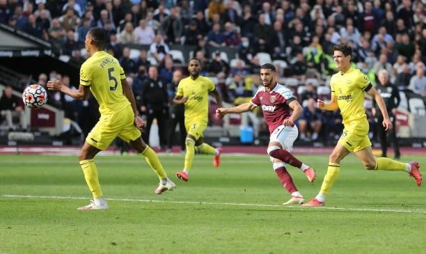 West Ham United's Said Benrahma with a first half shot during the Premier League match between West Ham United and Brentford at London Stadium on...